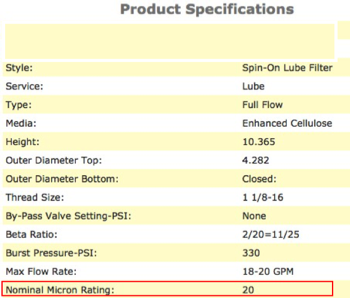 ficha de un filtro con beta 2 ("normal"). de 20 micrones